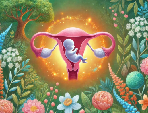 utero com um bebe e varias arvores e flores em volta